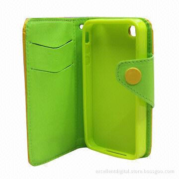 PU leather wallet phone case for Apple iPhone 4, silicone +PU leather+cross pattern